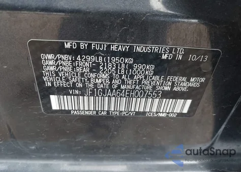 2014 Subaru Impreza 2.0I from USA, damaged, VIN JF1GJAA64EH007553